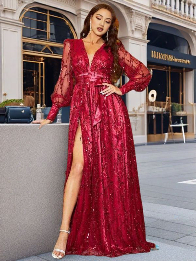 Women's Autumn Mesh Sequins Swing Banquet Long Dresses