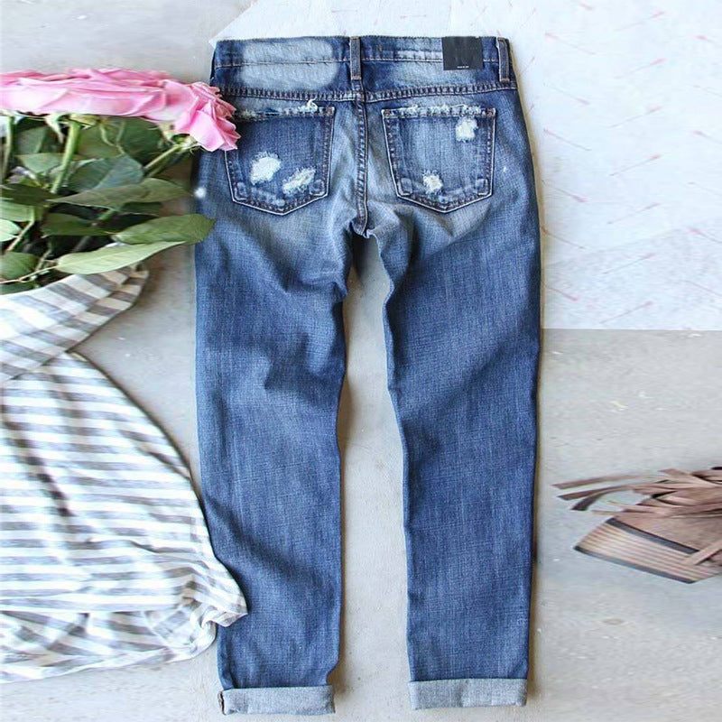 Winter Christmas Red Plaid Printed Ripped Baggy Jeans