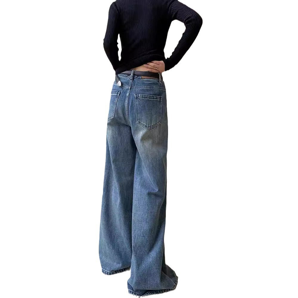 Women's Blue Washed Casual Autumn Straight Loose Pants