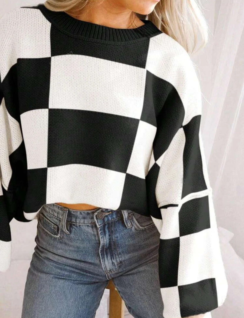 Women's Autumn Clothes Plaid Element Round Neck Knitwear