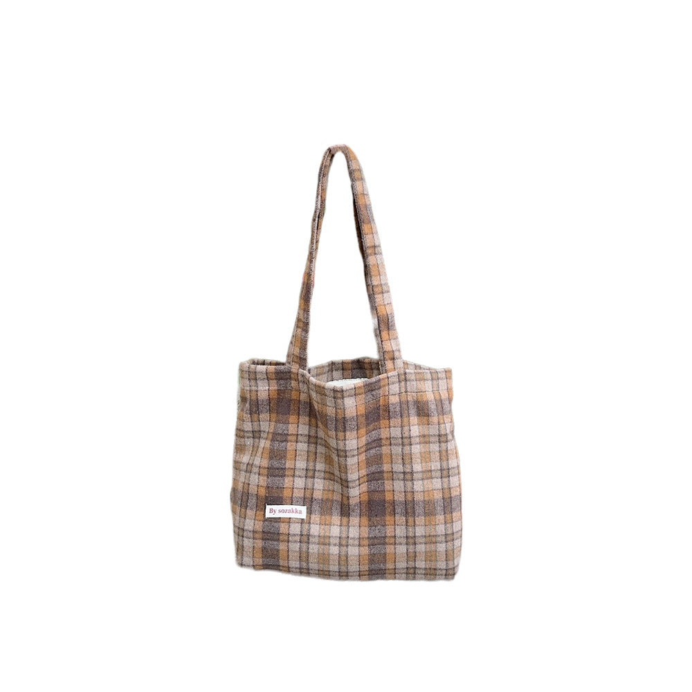 Women's Large Capacity Vintage Woolen Plaid Portable Shoulder Bags
