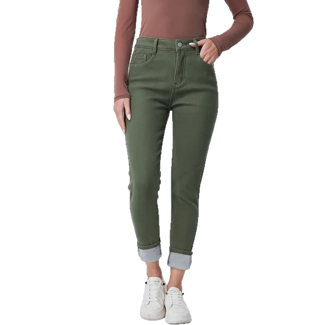 Women's Fleece-lined Elastic Skinny Dark Green Stretch Jeans