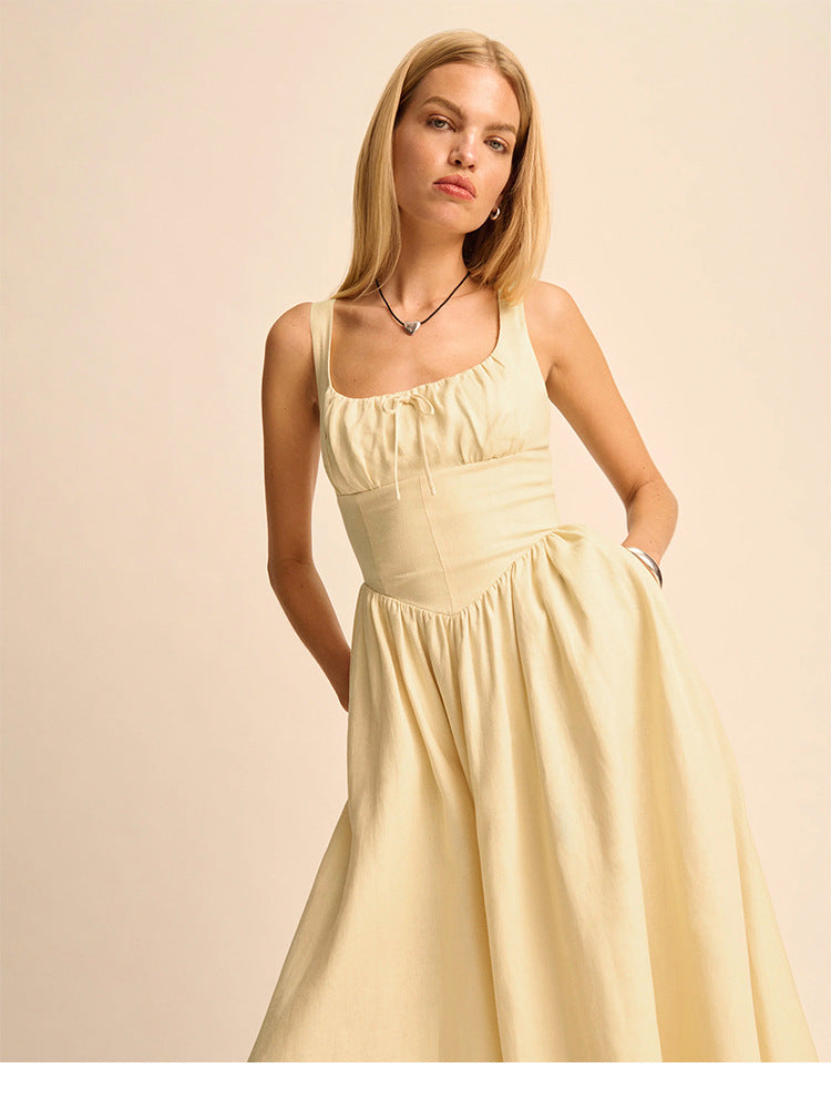 Linen Yellow Square Collar Pure Desire Style Vacation Mid-length Dresses