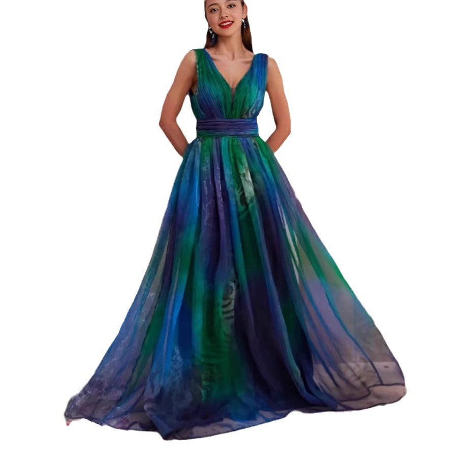 Women's Summer Deep Backless Printed Chiffon Big Dresses