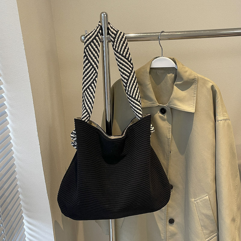 Striped Wide Strap Idle Style Shopping Shoulder Bags
