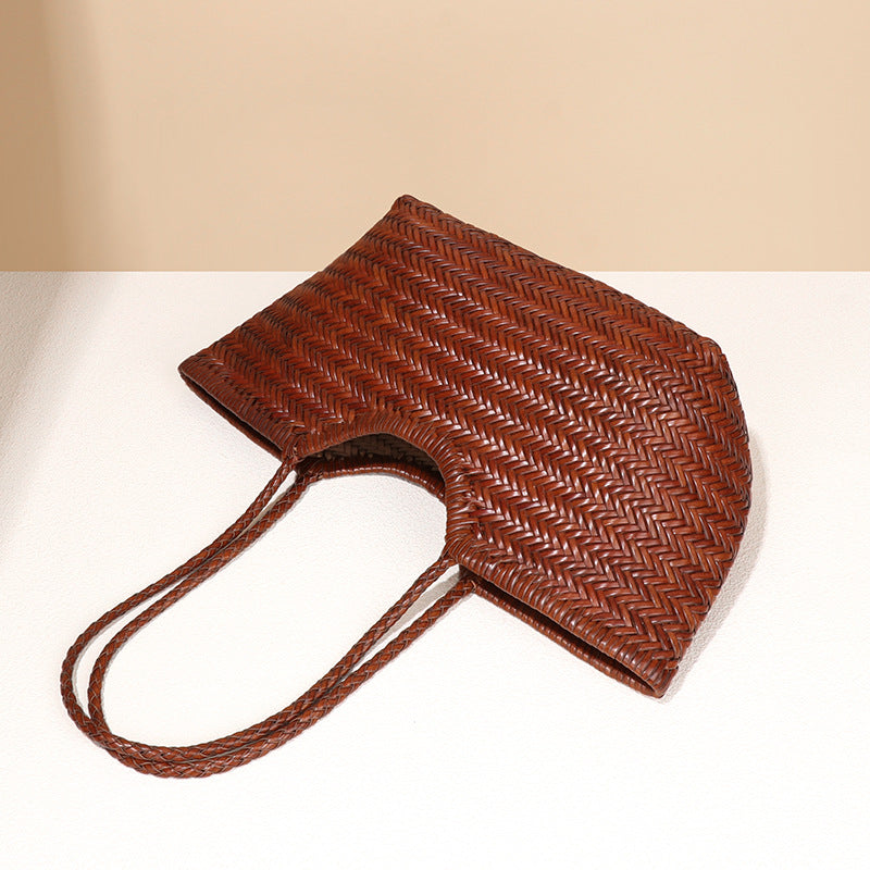 Women's French Retro Authentic Leather Weave Vegetable Basket Tote Bags