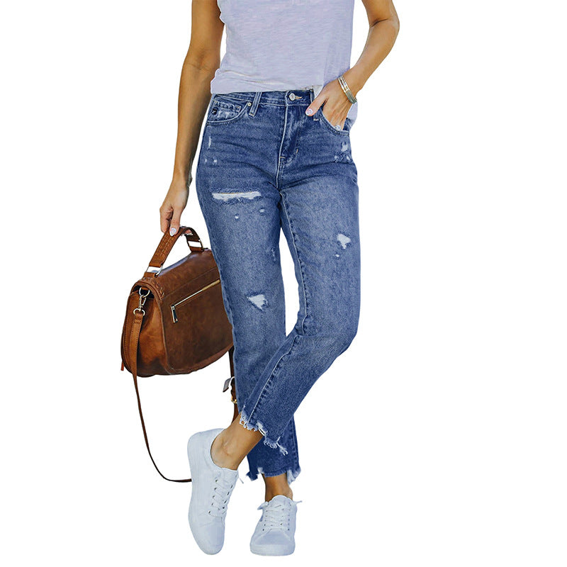 Women's Washed Frayed Tasseled Slim Fit High Elastic Women's Jeans