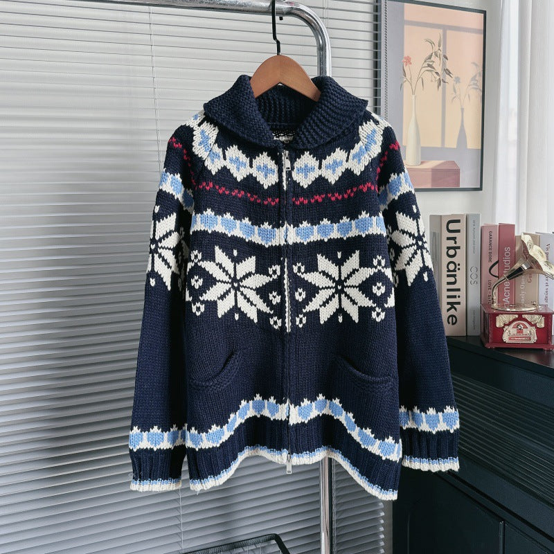 Women's Snowflake Jacquard Atmosphere Loose Zip Lapel Sweaters
