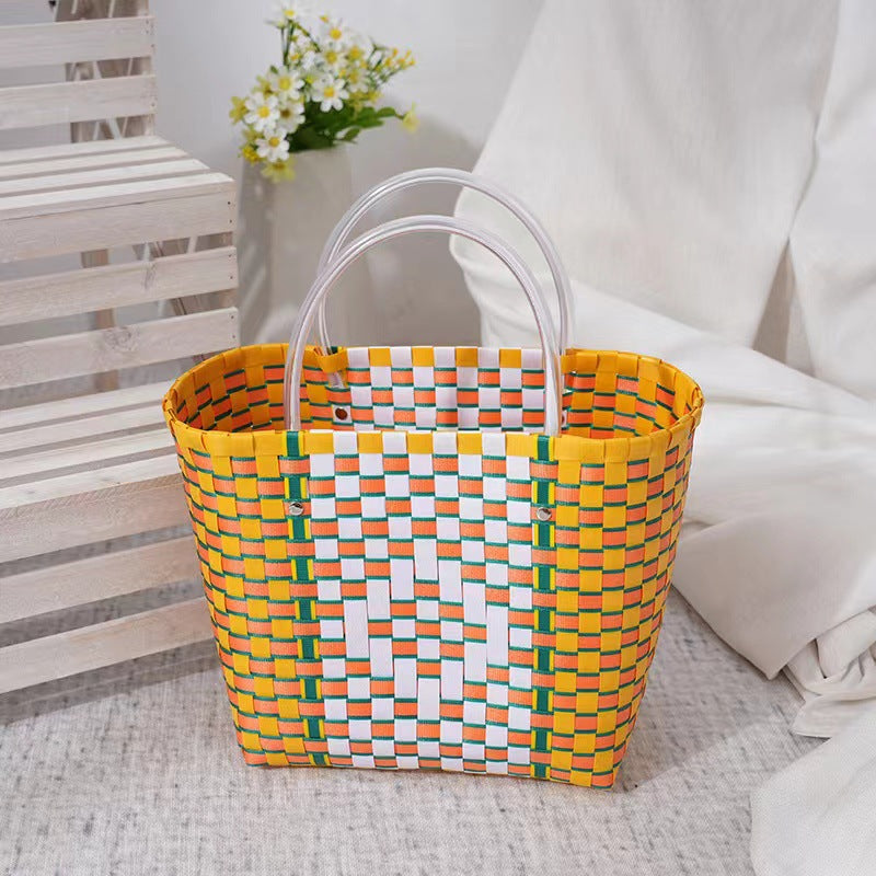 Women's Fashion Dopamine Plaid Picnic Basket Woven Handbags