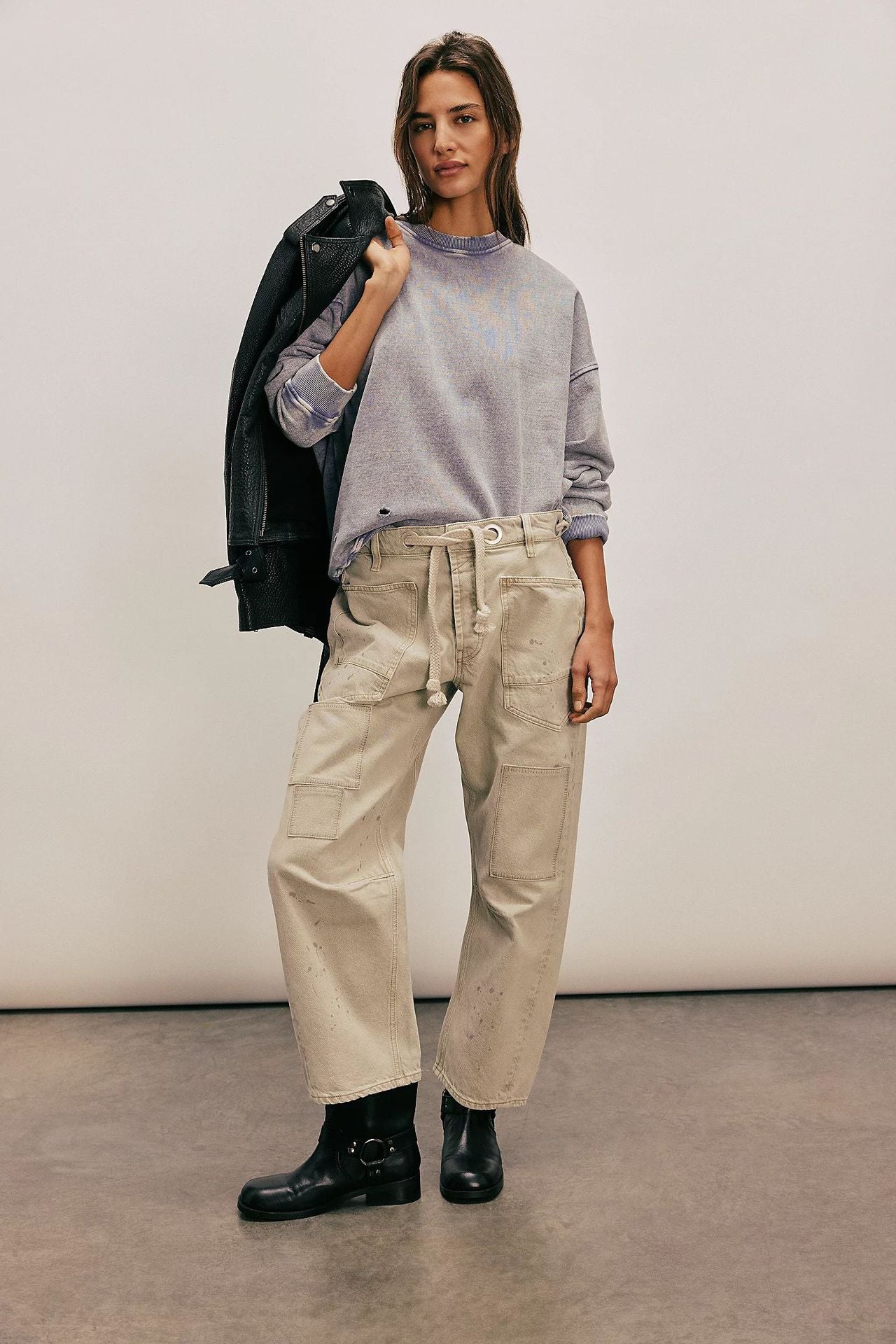 Retro Washed Stitching Patchwork Straight Drawstring Women's Jeans
