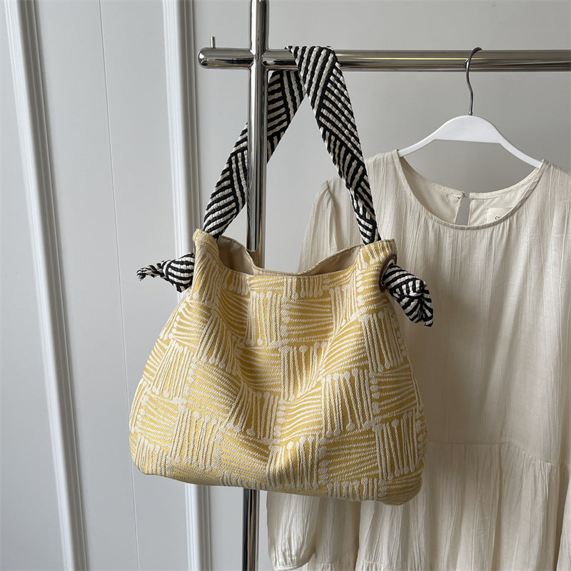 Korean Style Fashion Striped Knitted Fabric Contrast Color Minimalist Shoulder Bags