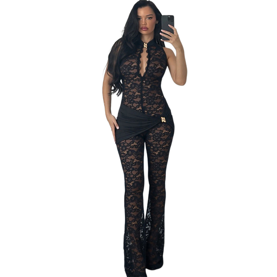 Women's Lace Stitching Sleeveless Sexy High Waist Jumpsuits
