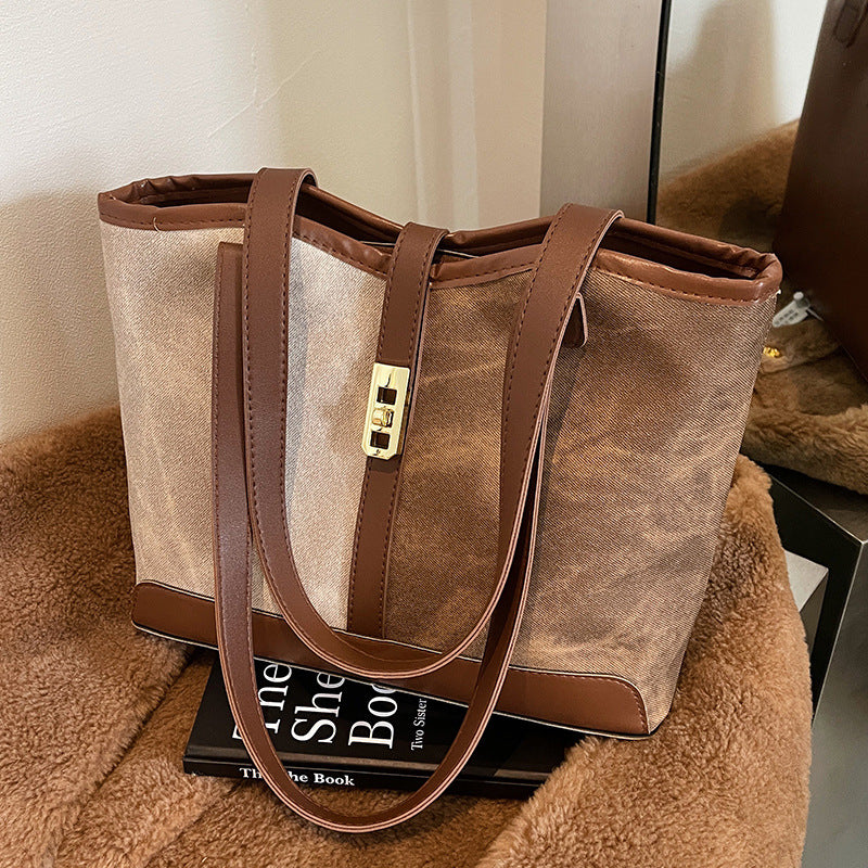 Women's Popular Contrast Color Retro High-grade Large Bags