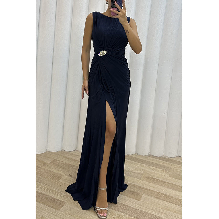 Women's Pleated Slit Casual Dress Sleeveless Fashion Dresses