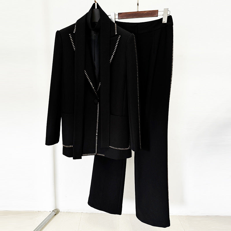 Scarf Rhinestone Loose Trousers Two-piece Set Fashion Casual Suit