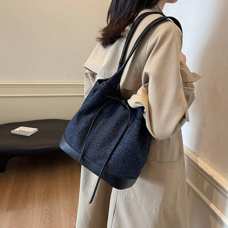 Textured Leopard Print Denim Korean Large Shoulder Bags