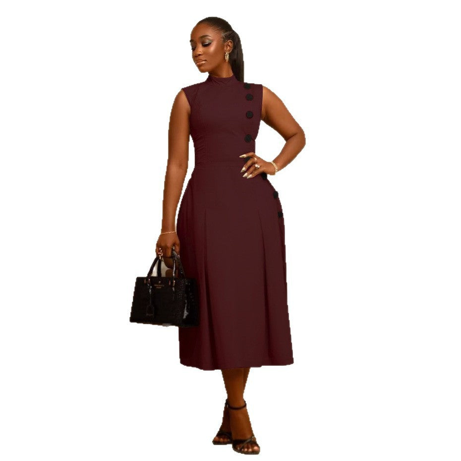 Elegant Graceful Waist Stand Collar Sleeveless Fastener Dresses