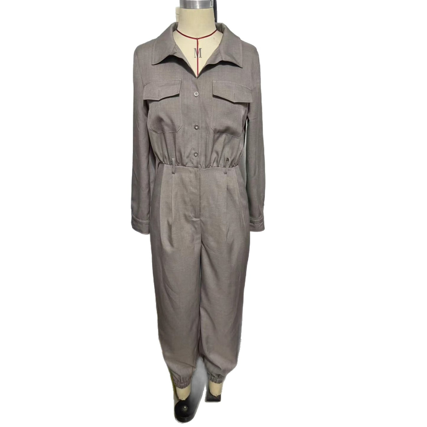 Women's Long-sleeved Lapel Single Row Ankle Banded Jumpsuits