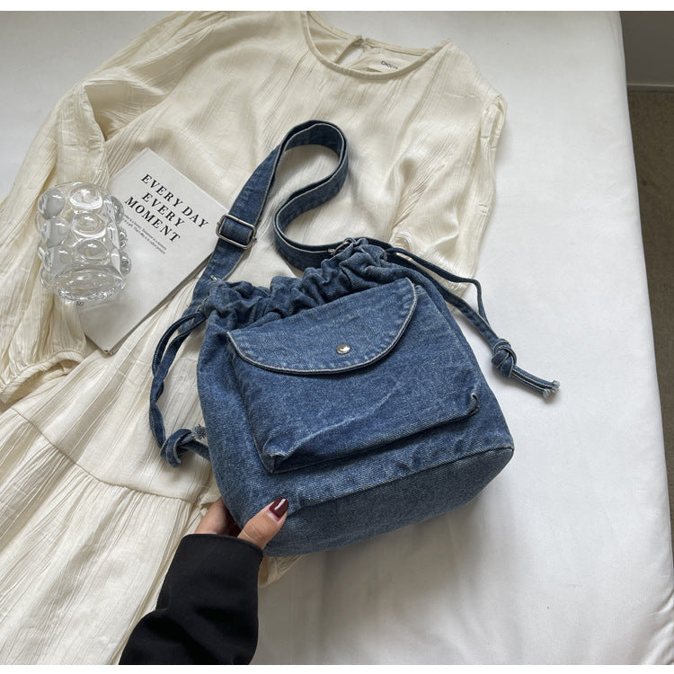 Women's Denim Large Capacity Retro Drawstring Pleated Niche Crossbody Bags