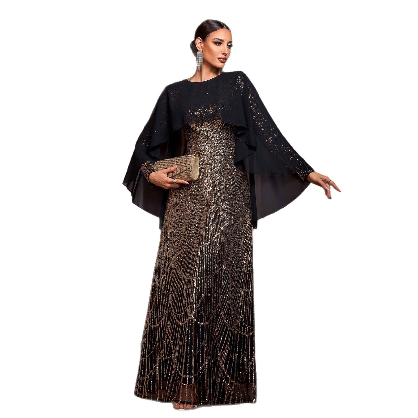 Women's Long-sleeved Round Neck Shawl Banquet Sequined Dresses