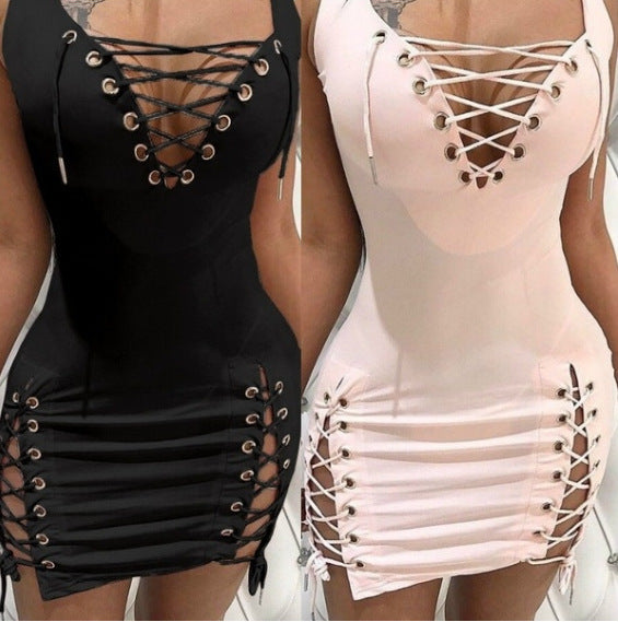 Women's Solid Color Deep Sexy Lace Up Dress