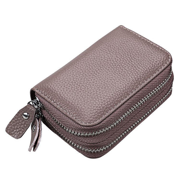 Women's Genuine Leather Expanding Korean Double Zipper Card Holder