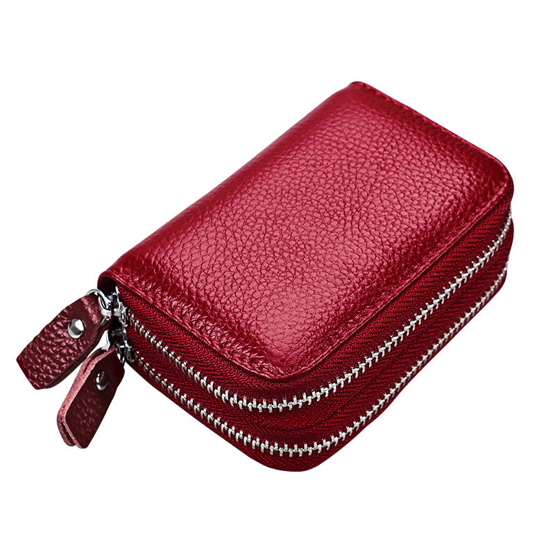 Women's Genuine Leather Expanding Korean Double Zipper Card Holder