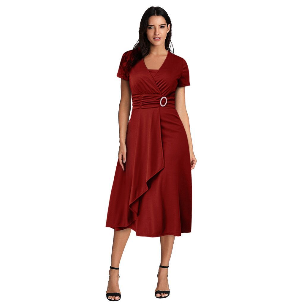 Women's Sexy Asymmetric Large Swing High Waist Mid-length Solid Dress
