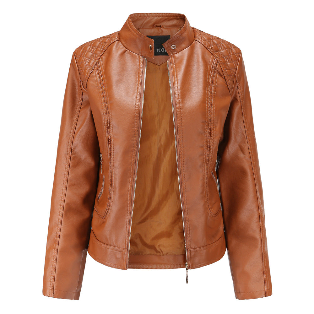 Women's Durable Leather Temperament Stand Collar Jackets