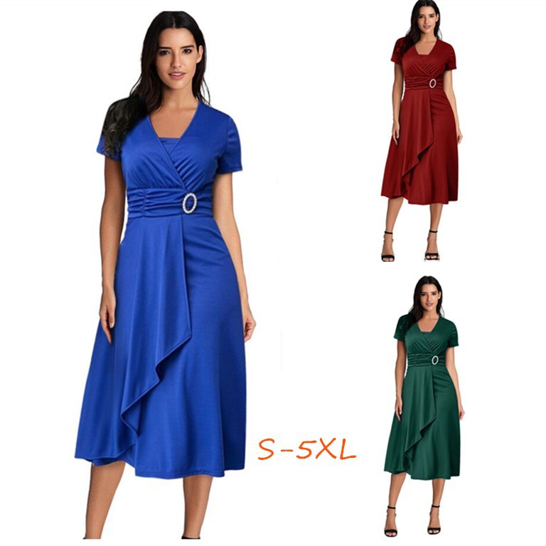 Women's Sexy Asymmetric Large Swing High Waist Mid-length Solid Dress