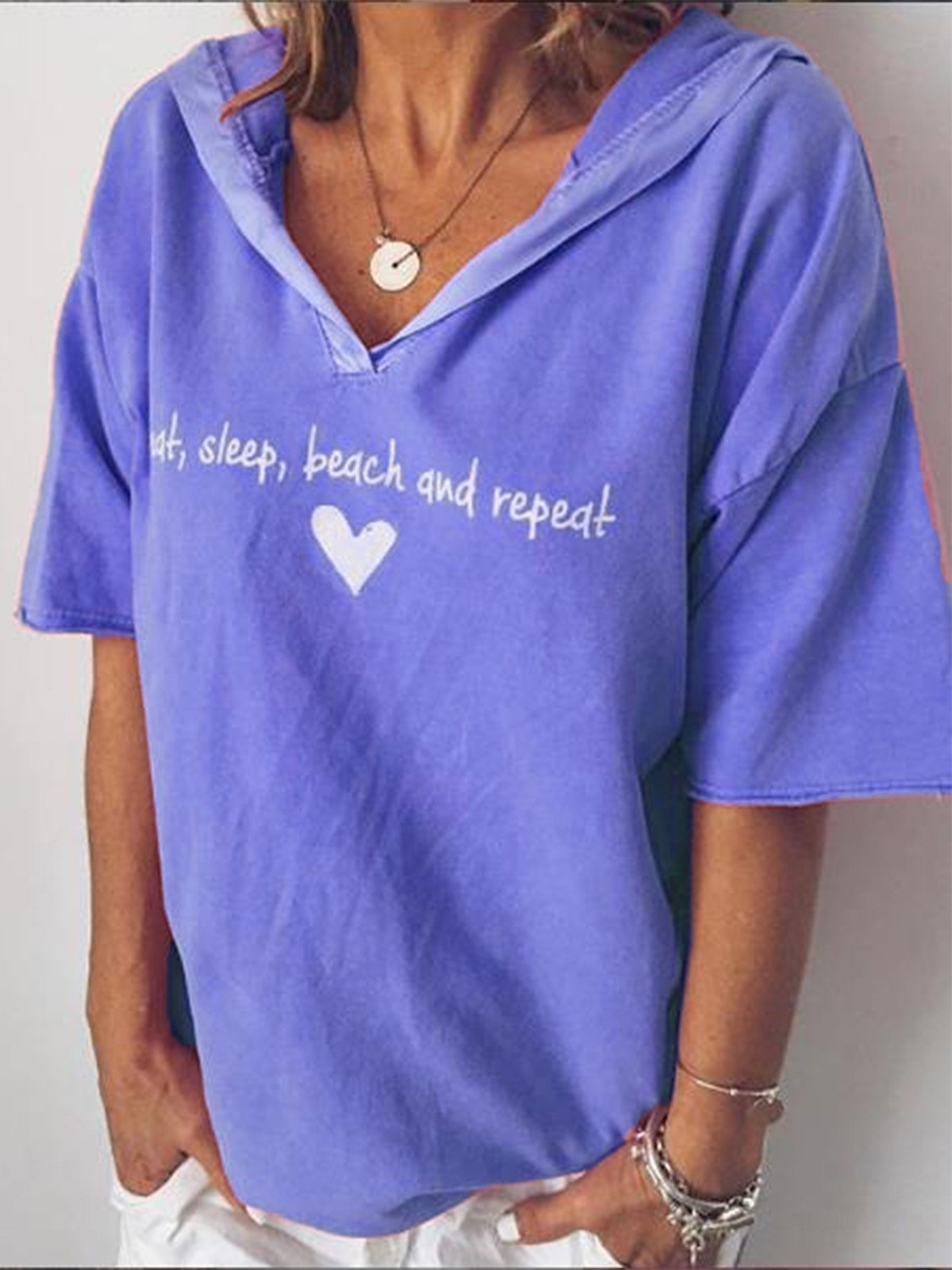 Women's Solid Color Letter Print Hooded Short-sleeved Women's T-shirt