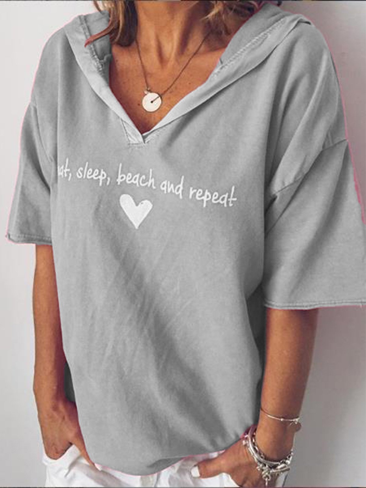 Women's Solid Color Letter Print Hooded Short-sleeved Women's T-shirt