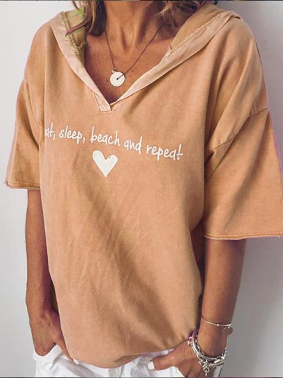 Women's Solid Color Letter Print Hooded Short-sleeved Women's T-shirt