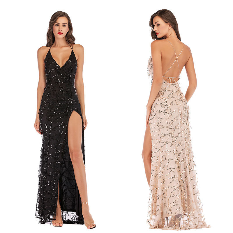 Women's Sequined Dress Tassel High Fork Suspender Dresses