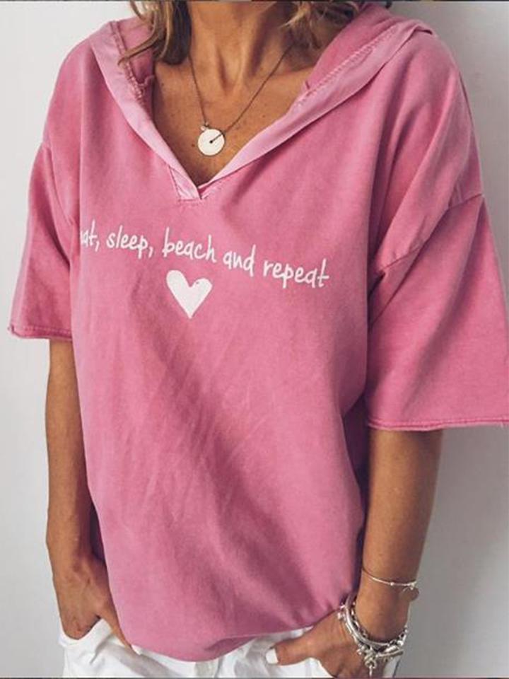Women's Solid Color Letter Print Hooded Short-sleeved Women's T-shirt