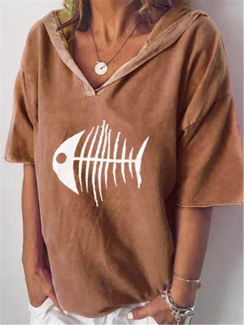 Women's Solid Color Letter Print Hooded Short-sleeved Women's T-shirt