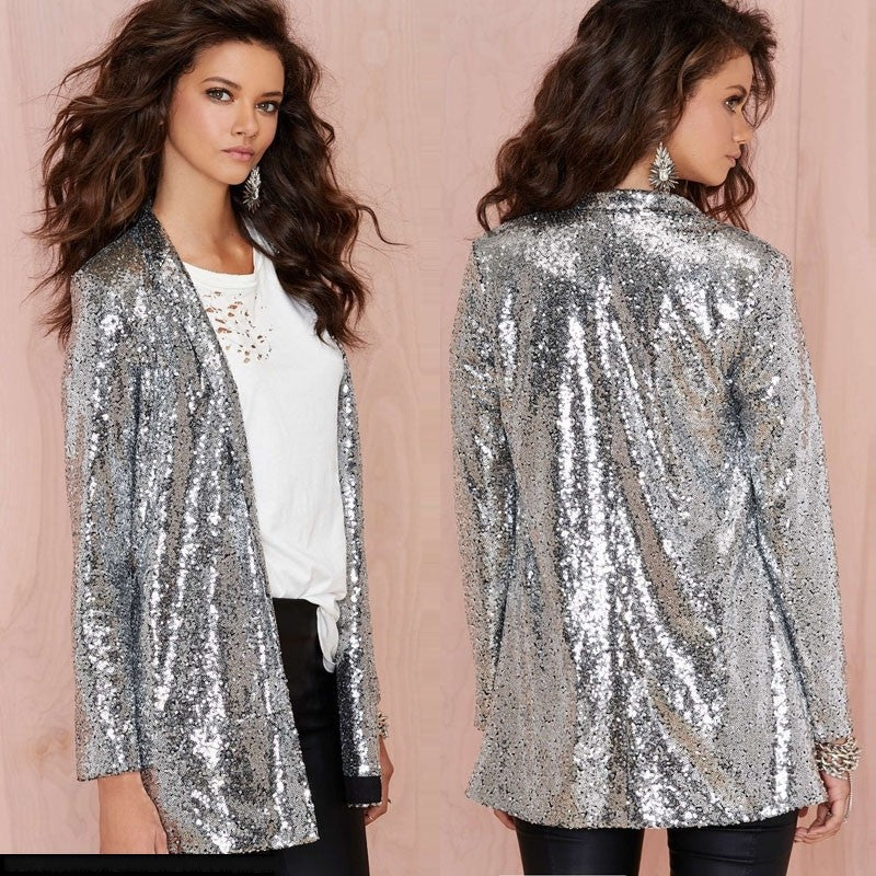 Women's Performance Dress Golden Sequined Nightclub Wear Without Buckle Blazers