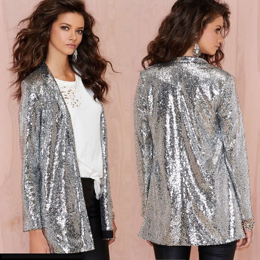 Women's Performance Dress Golden Sequined Nightclub Wear Without Buckle Blazers