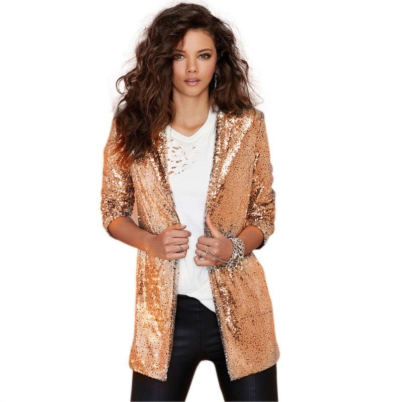 Women's Performance Dress Golden Sequined Nightclub Wear Without Buckle Blazers
