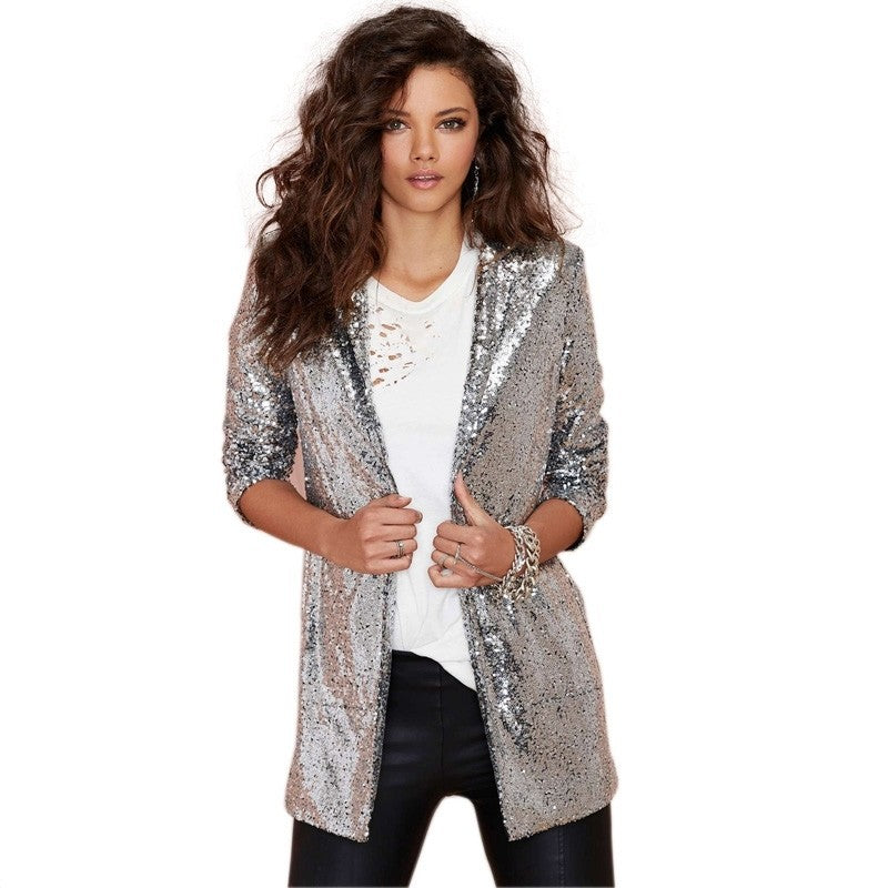 Women's Performance Dress Golden Sequined Nightclub Wear Without Buckle Blazers