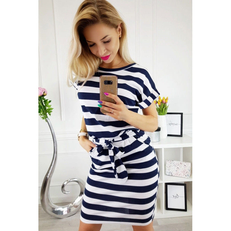 Striped Round Neck Tied Short-sleeved Sheath Dress