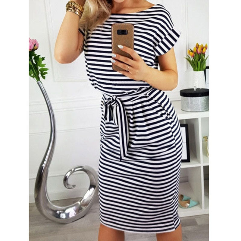 Striped Round Neck Tied Short-sleeved Sheath Dress