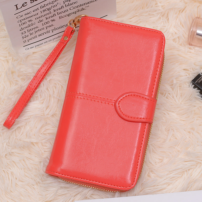 Women's Oily Leather Retro Oil Wax Skin Mobile Long Ladies Wallets