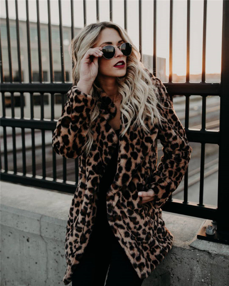 Women's Fashion Leopard Print Imitation Fur Wool Coats