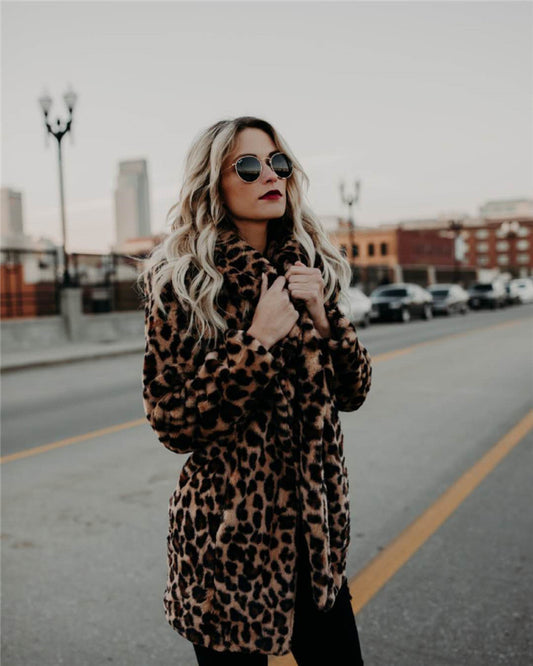 Women's Fashion Leopard Print Imitation Fur Wool Coats