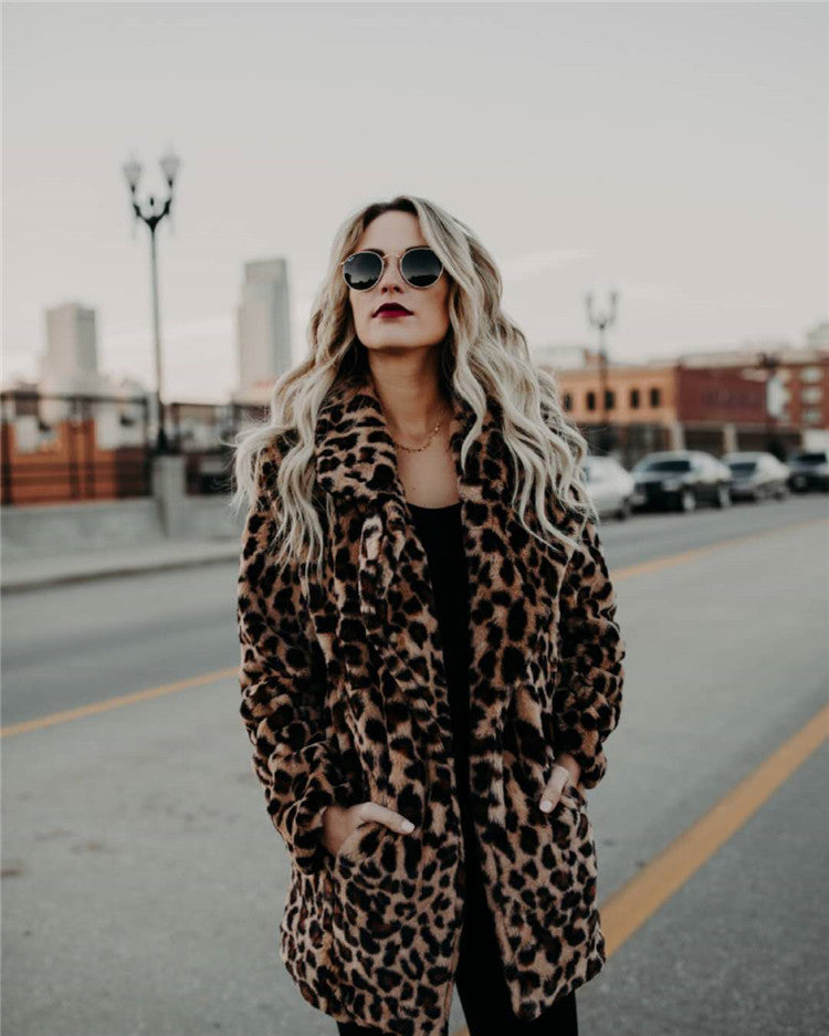 Women's Fashion Leopard Print Imitation Fur Wool Coats