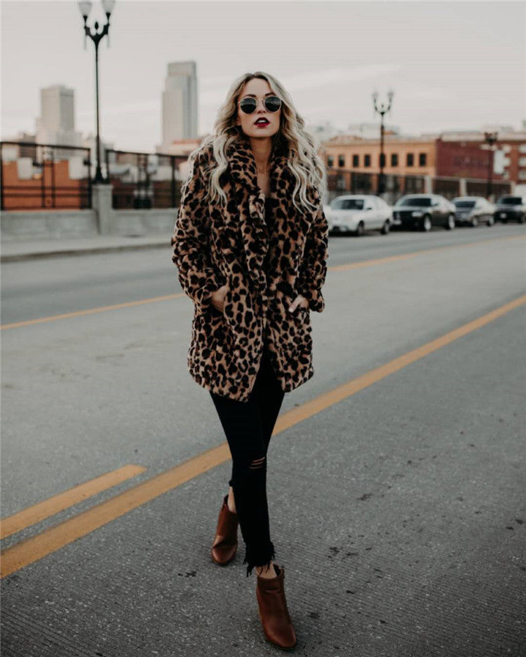Women's Fashion Leopard Print Imitation Fur Wool Coats