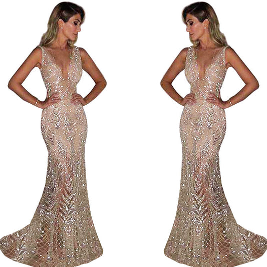 Women's Long Sleeveless Sexy Deep V Sequins Wedding Dresses