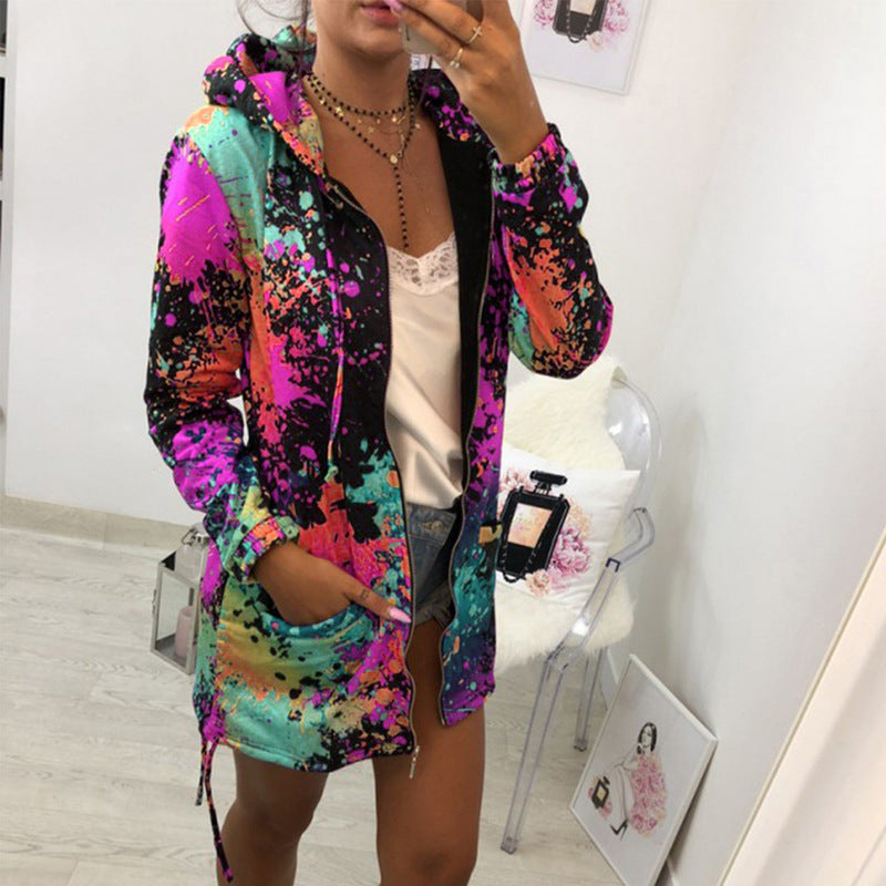 Women's Loose-fitting Printed Hooded Mid-length Long Sleeve Women's Sweater, Sweater