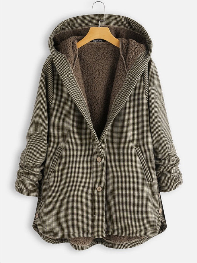 Women's Winter Plaid Button Solid Color Hooded Sweaters